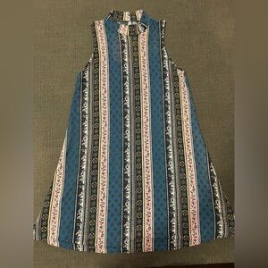 Sleeveless A-Line Striped Print Dress in Blue, Pink & Black